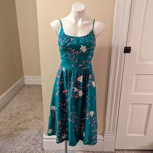 Malia Petites 1950's teal w/tropical flower print spaghetti strap dress size 0